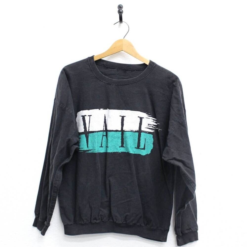 Vintage Black Long Sleeve Tee with White and Teal Graphic
